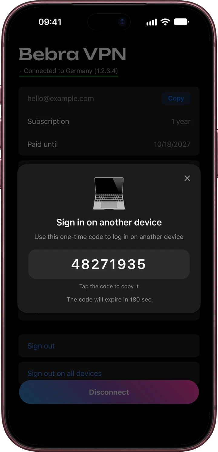 iPhone screen Sign in on another device, showing an eight-digit one-time code