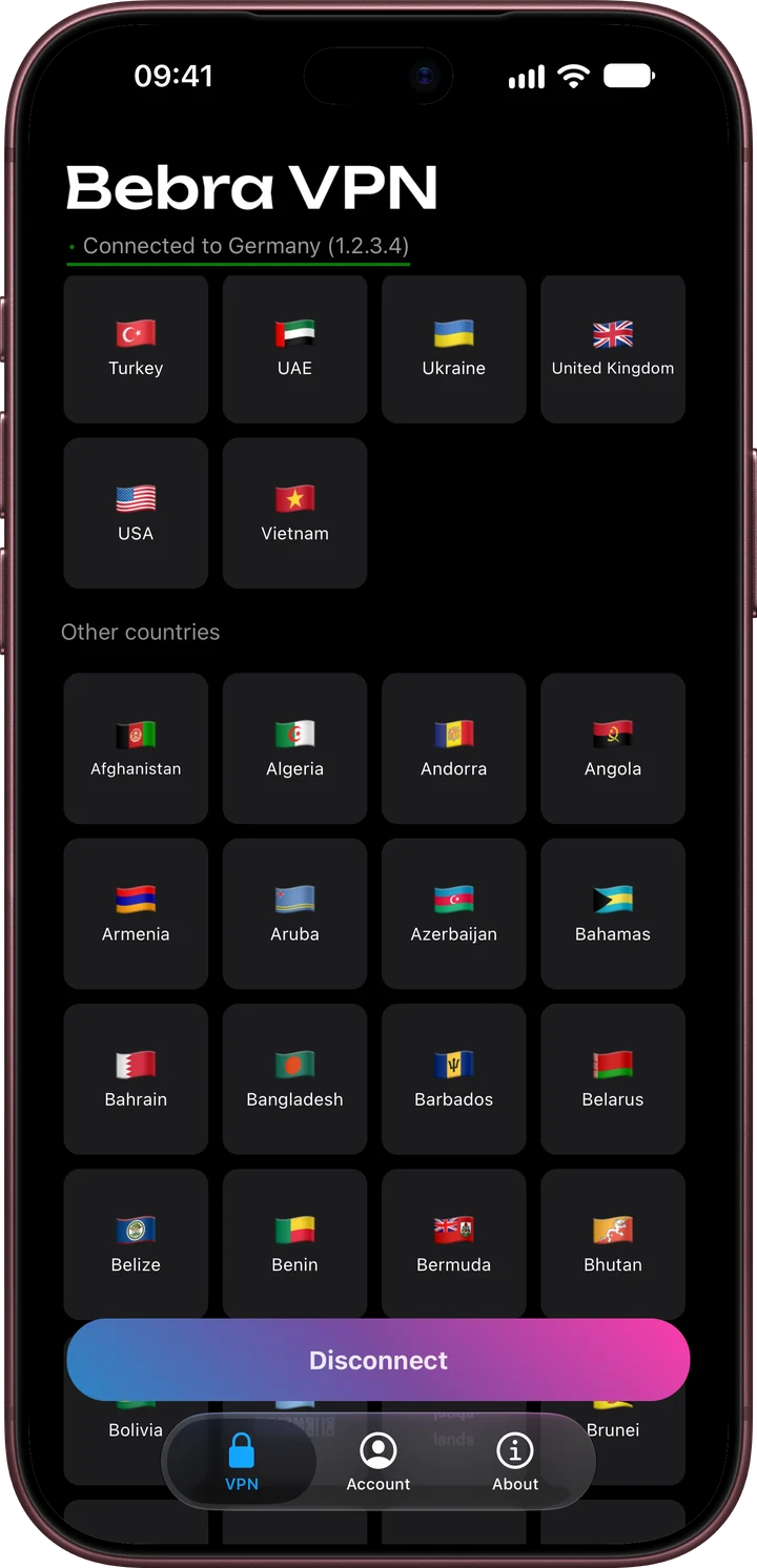 The grid of countries in Bebra VPN on iPhone, Other countries section