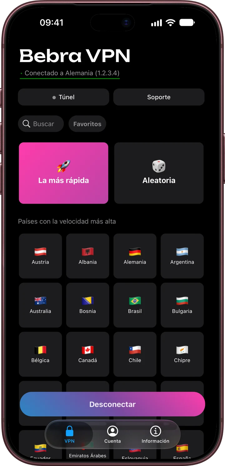Pantalla principal de Bebra VPN en el iPhone: la ficha «La más rápida» y el grupo «Países con la velocidad más alta»