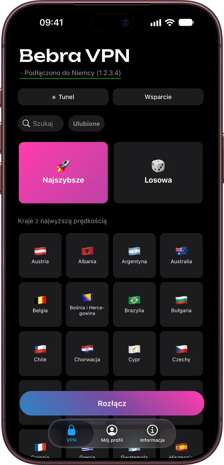 Ekran główny Bebra VPN na iPhonie: kafelek „Najszybsze” i grupa „Kraje z najwyższą prędkością”
