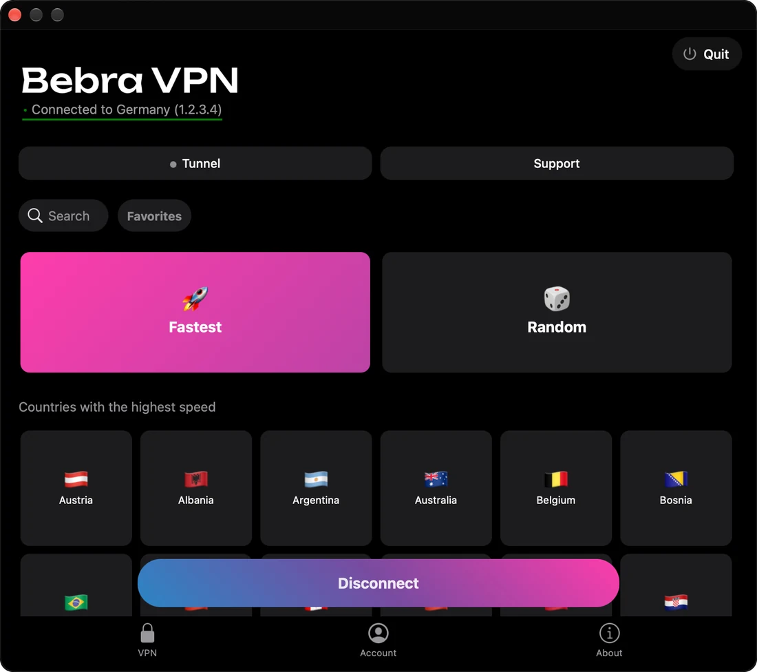 Bebra VPN window on a Mac: connected to Germany, the grid of countries