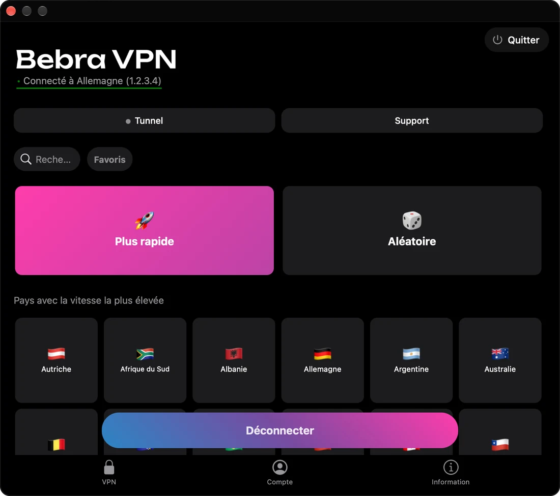 Bebra VPN sur un Mac, connecté à l’Allemagne, avec la grille des pays en dessous
