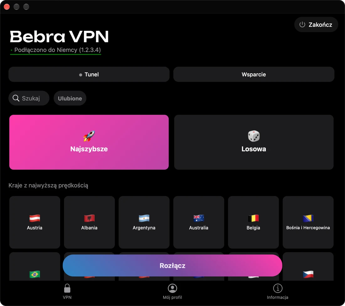 Bebra VPN na Macu: połączono z Niemcami, poniżej siatka krajów