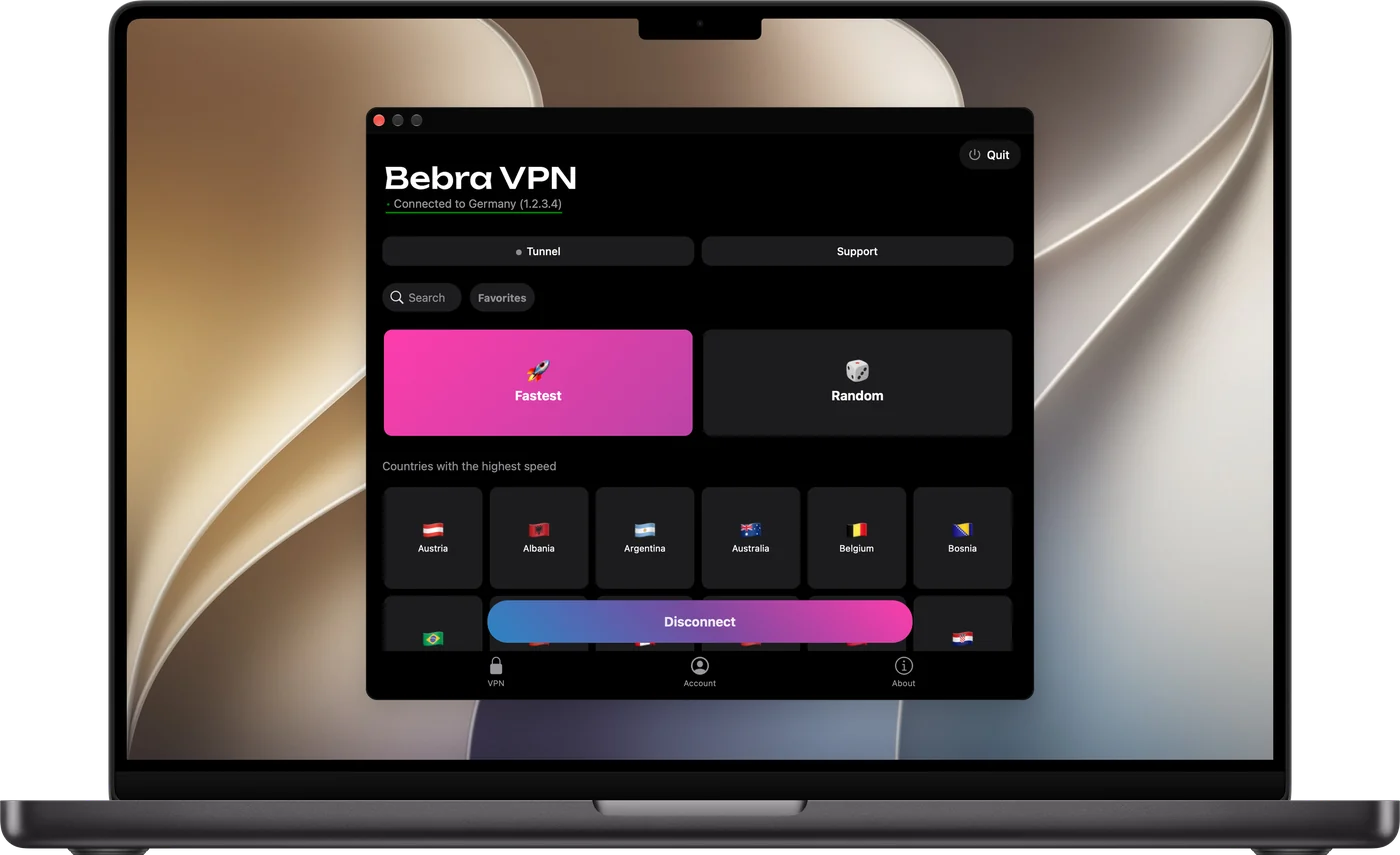 Bebra VPN on a MacBook: the country grid with the Fastest and Random tiles